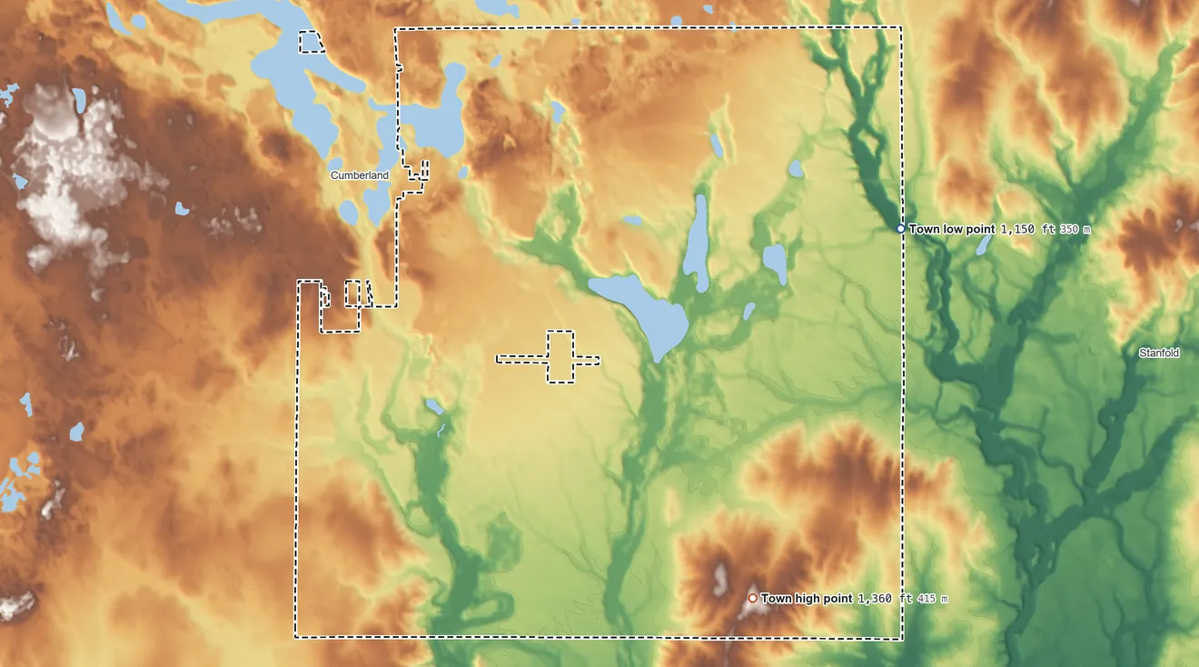 Topographic elevation map of Town of Cumberland, Wisconsin, shaded from 1,150 ft on the northeast side to 1,360 ft on the southeast side