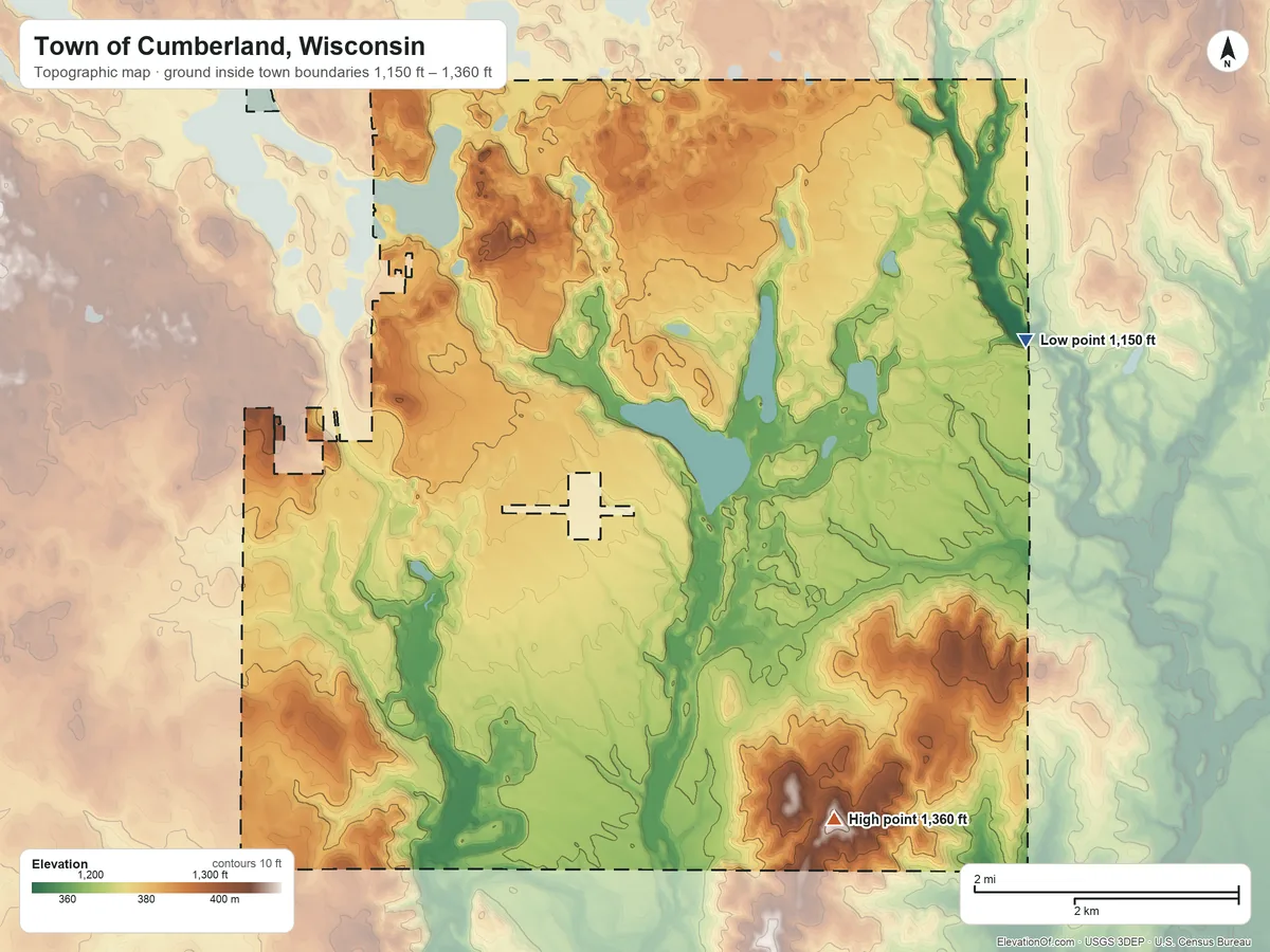 Topographic elevation map of Town of Cumberland, Wisconsin, shaded from 1,150 ft on the northeast side to 1,360 ft on the southeast side