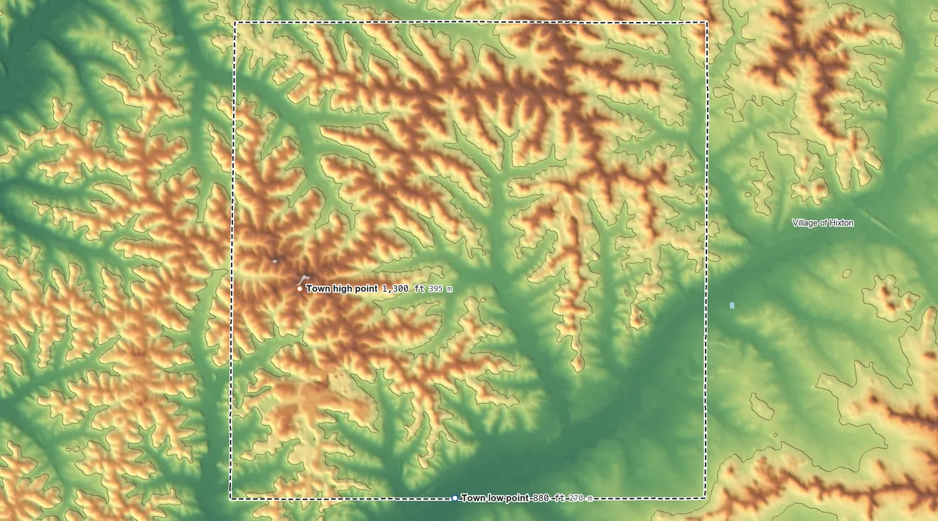 Topographic elevation map of Curran, Wisconsin, shaded from 880 ft on the south side to 1,300 ft on the west side