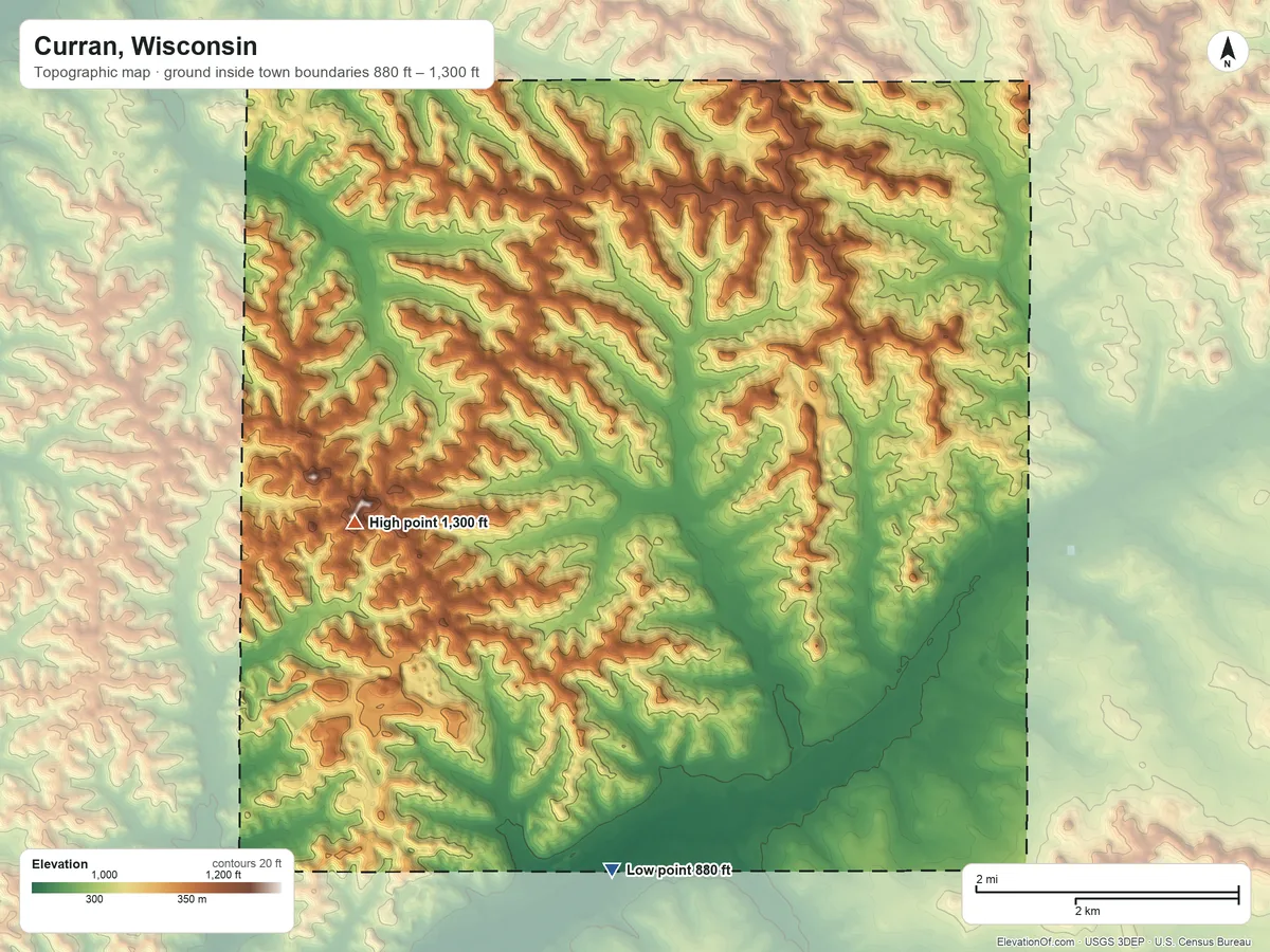 Topographic elevation map of Curran, Wisconsin, shaded from 880 ft on the south side to 1,300 ft on the west side