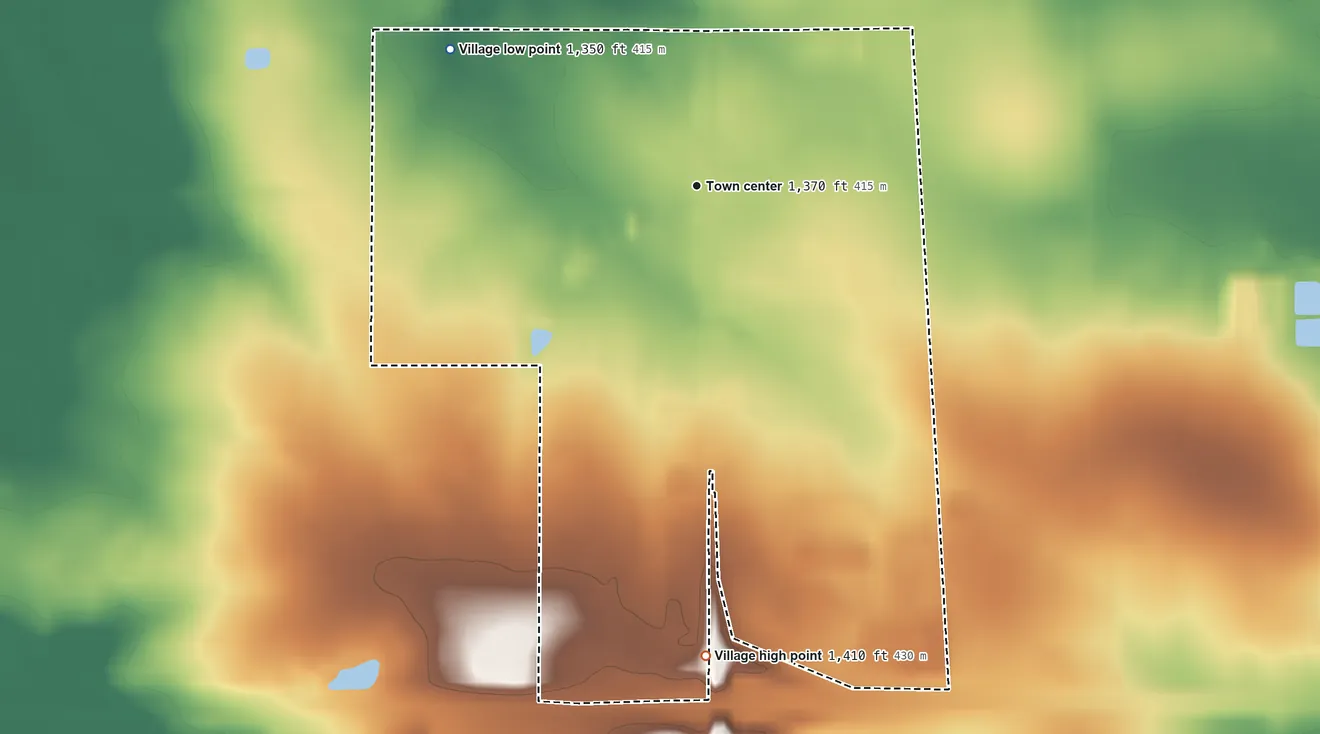 Topographic elevation map of Curtiss, Wisconsin, shaded from 1,350 ft on the northwest side to 1,410 ft on the south side