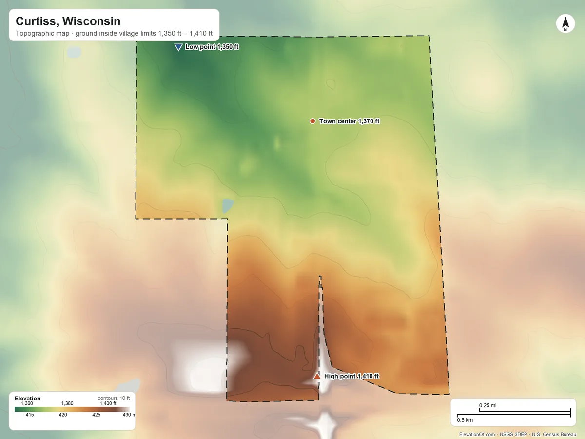 Topographic elevation map of Curtiss, Wisconsin, shaded from 1,350 ft on the northwest side to 1,410 ft on the south side