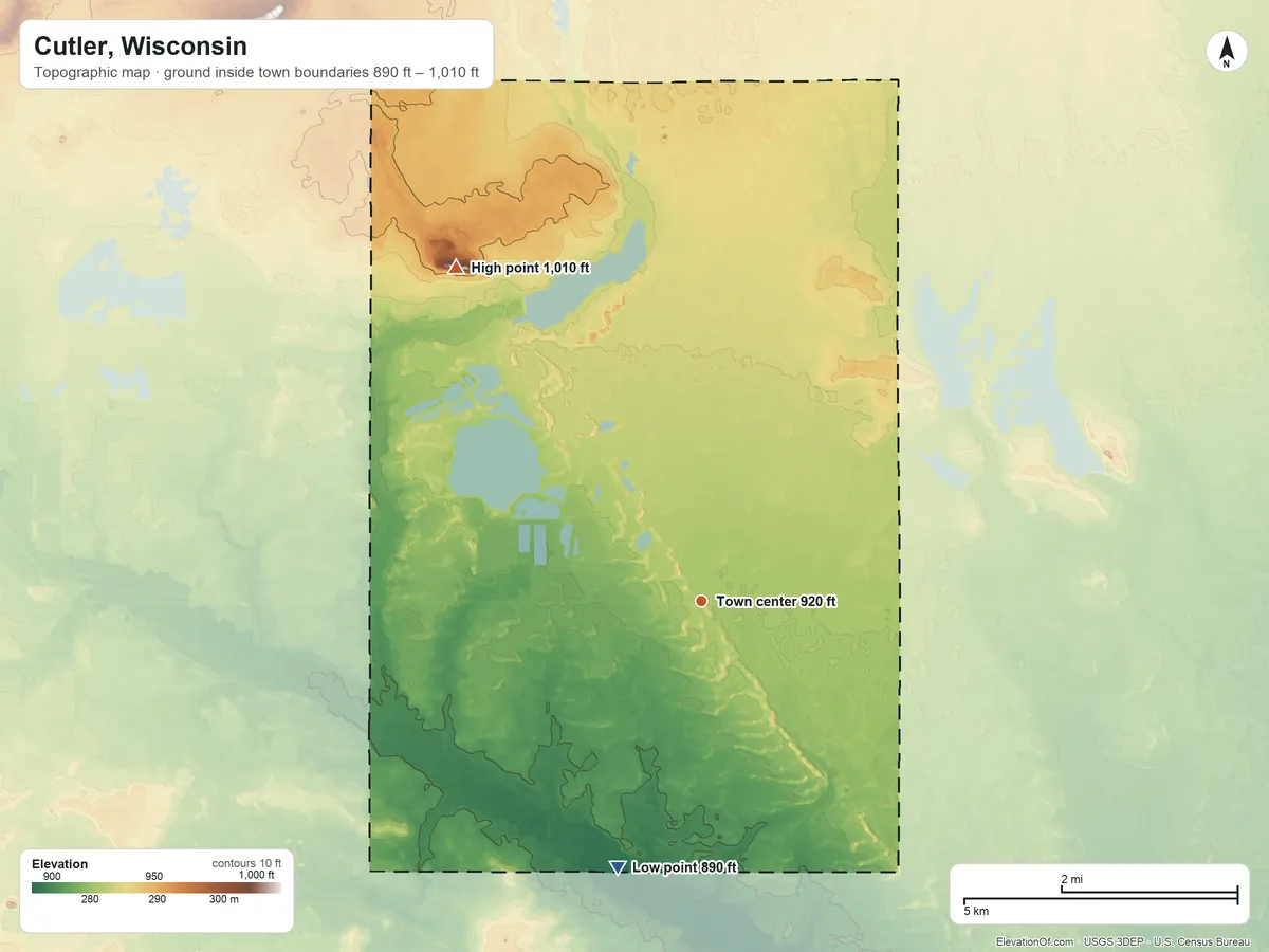 Topographic elevation map of Cutler, Wisconsin, shaded from 890 ft on the south side to 1,010 ft on the northwest side