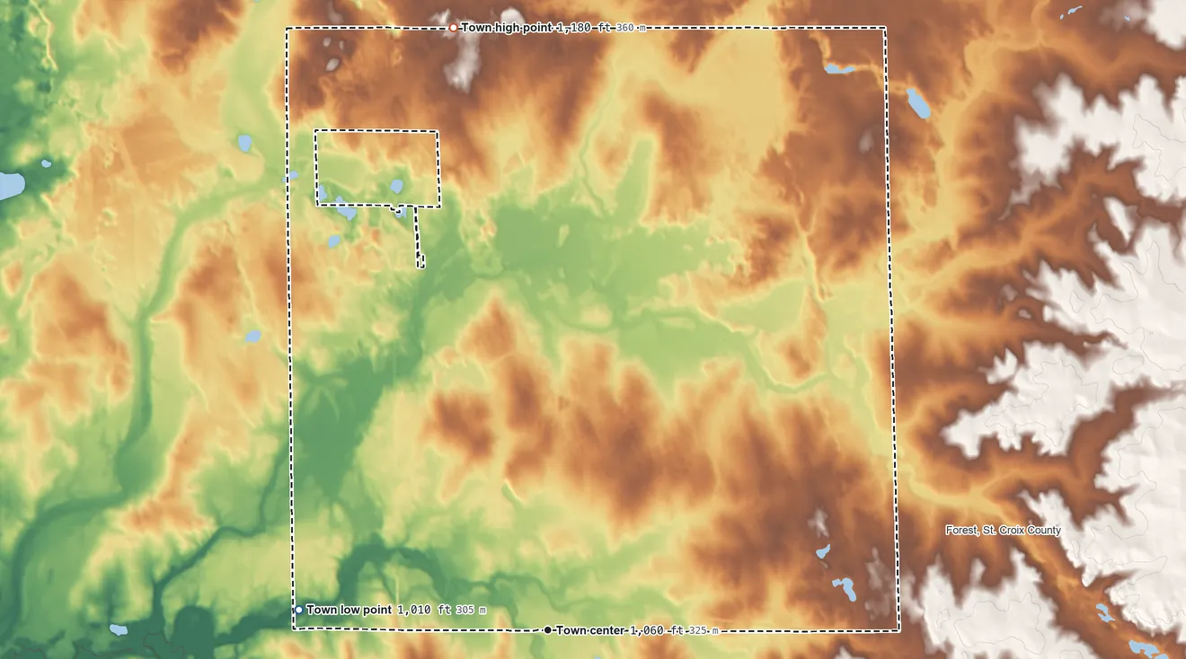 Topographic elevation map of Cylon, Wisconsin, shaded from 1,010 ft on the west side to 1,180 ft on the north side