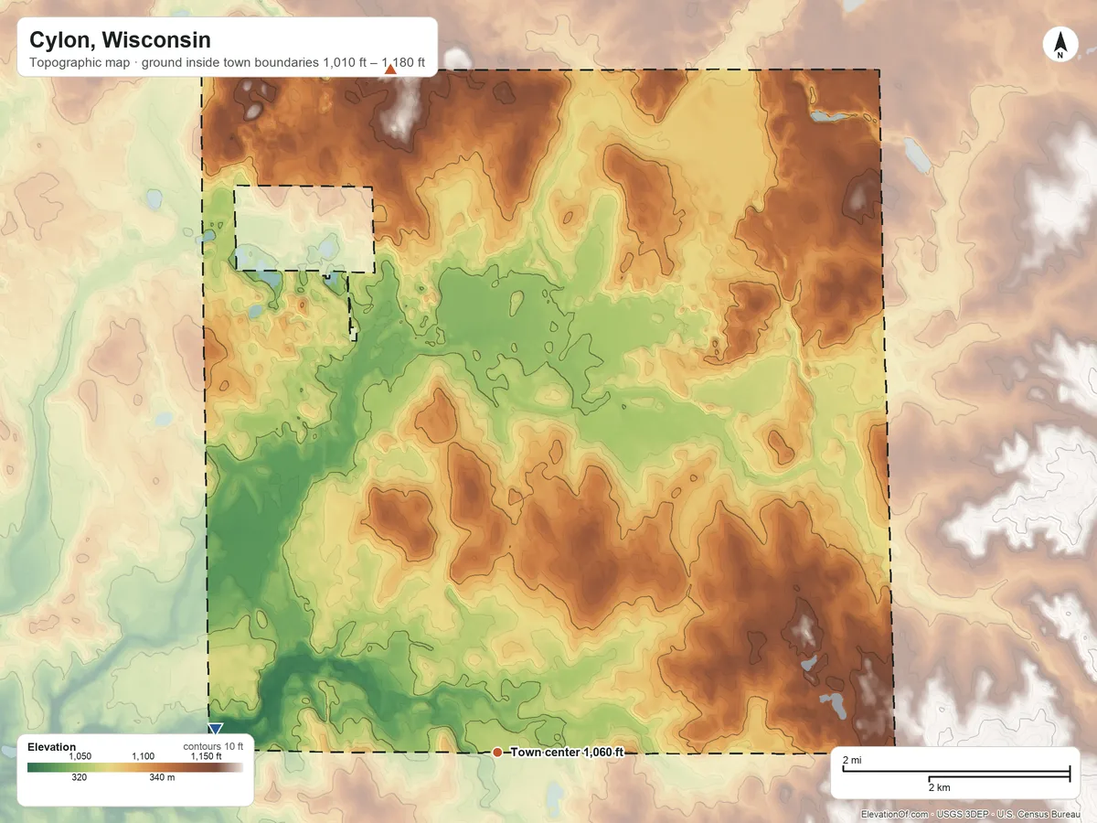 Topographic elevation map of Cylon, Wisconsin, shaded from 1,010 ft on the west side to 1,180 ft on the north side