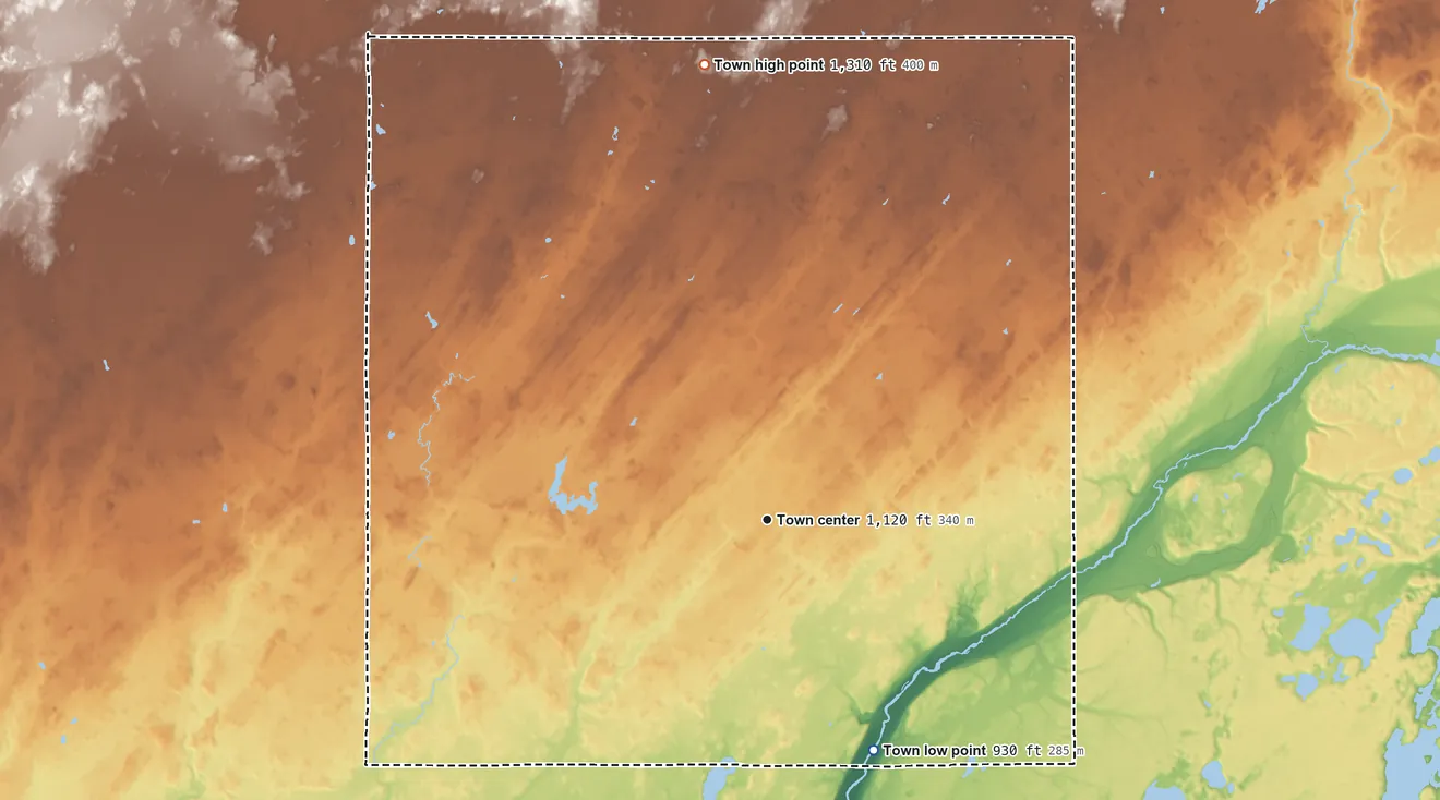 Topographic elevation map of Dairyland, Wisconsin, shaded from 930 ft on the southeast side to 1,310 ft on the north side