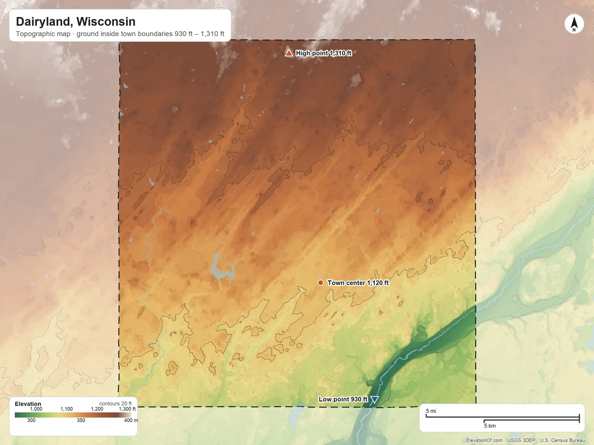 Topographic elevation map of Dairyland, Wisconsin, shaded from 930 ft on the southeast side to 1,310 ft on the north side