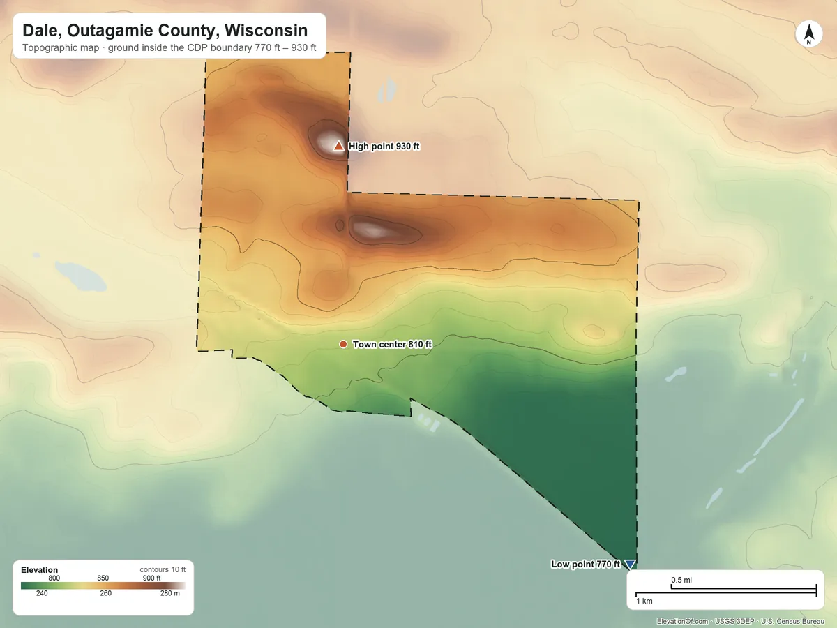 Topographic elevation map of Dale, Outagamie County, Wisconsin, shaded from 770 ft on the southeast side to 930 ft on the north side