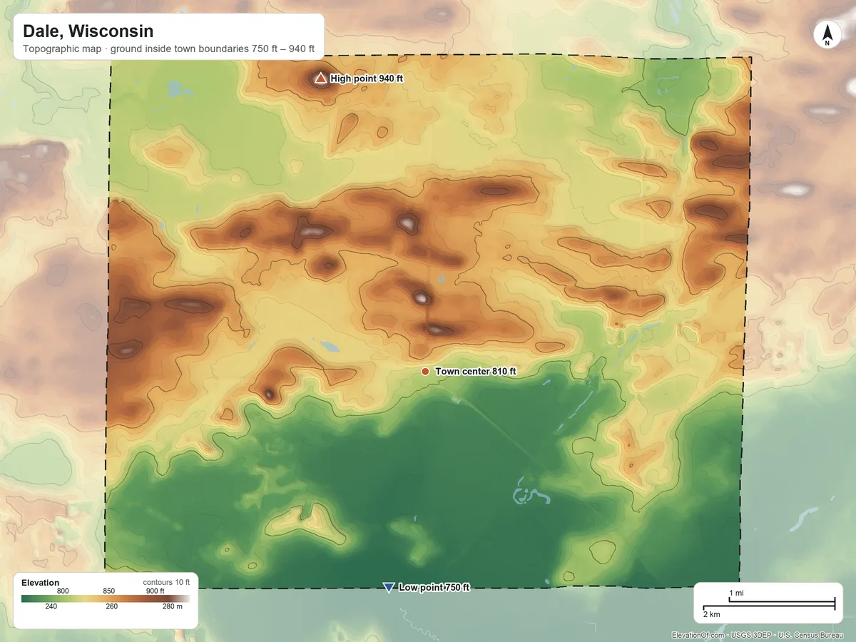 Topographic elevation map of Dale, Wisconsin, shaded from 750 ft on the south side to 940 ft on the north side