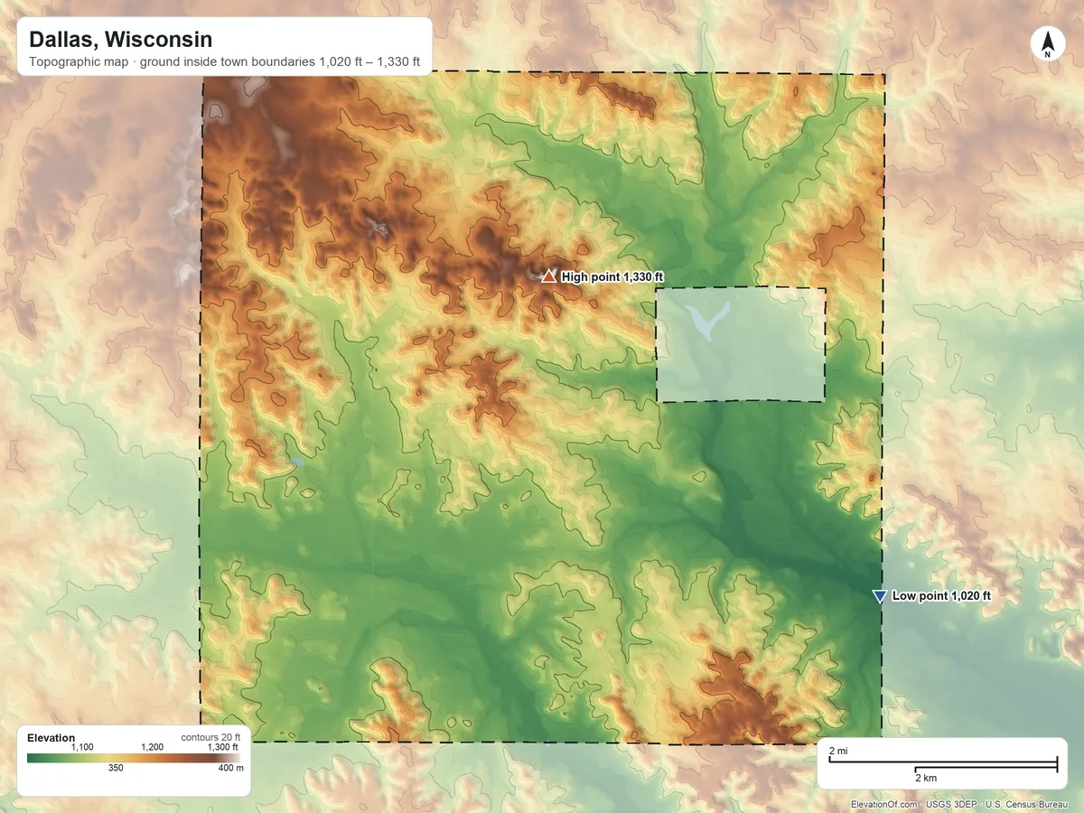Topographic elevation map of Dallas, Wisconsin, shaded from 1,020 ft on the southeast side to 1,330 ft on the north side