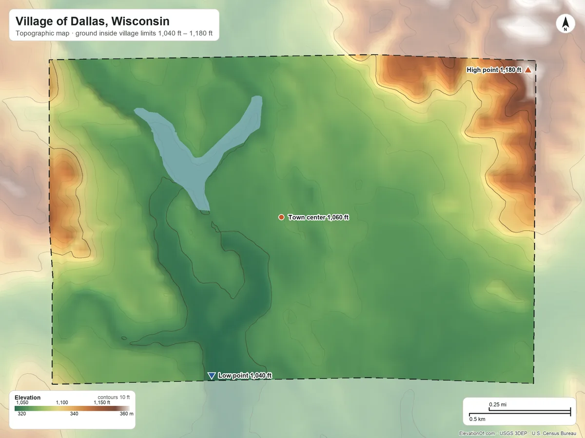 Topographic elevation map of Village of Dallas, Wisconsin, shaded from 1,040 ft on the southwest side to 1,180 ft on the northeast side