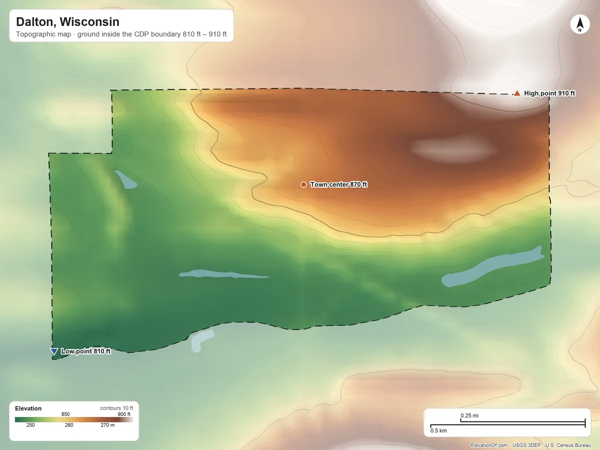 Topographic elevation map of Dalton, Wisconsin, shaded from 810 ft on the southwest side to 910 ft on the northeast side