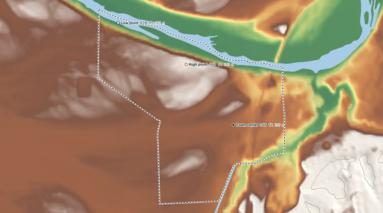 Topographic elevation map of Danbury, Wisconsin, shaded from 870 ft on the northwest side to 960 ft on the northwest side