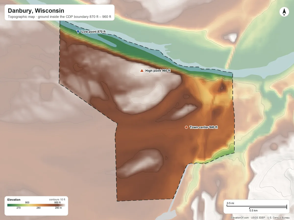 Topographic elevation map of Danbury, Wisconsin, shaded from 870 ft on the northwest side to 960 ft on the northwest side