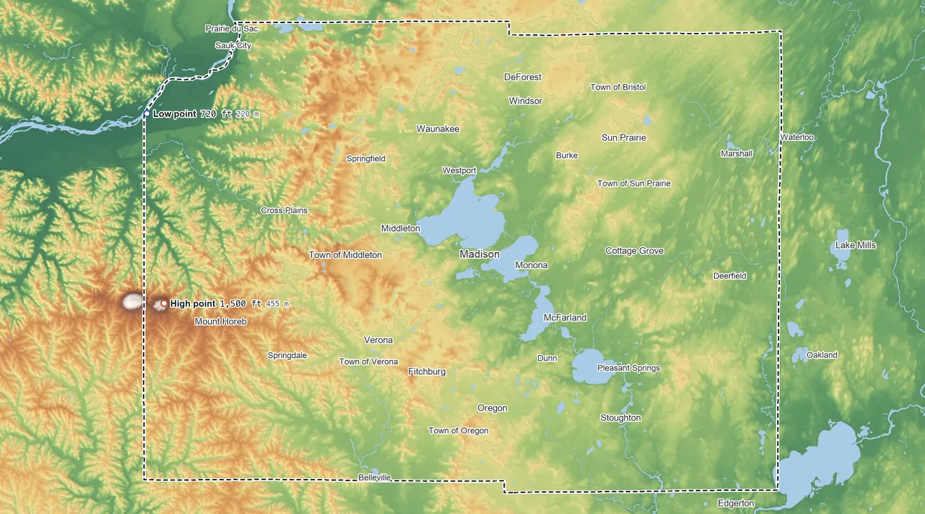 Topographic elevation map of Dane County, Wisconsin, shaded from 720 ft on the northwest side to 1,500 ft on the west side