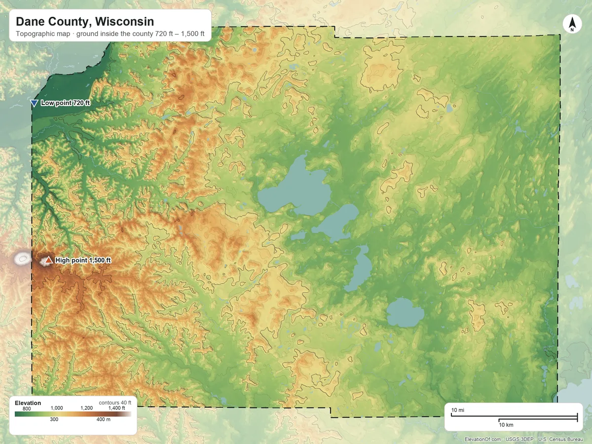 Topographic elevation map of Dane County, Wisconsin, shaded from 720 ft on the northwest side to 1,500 ft on the west side