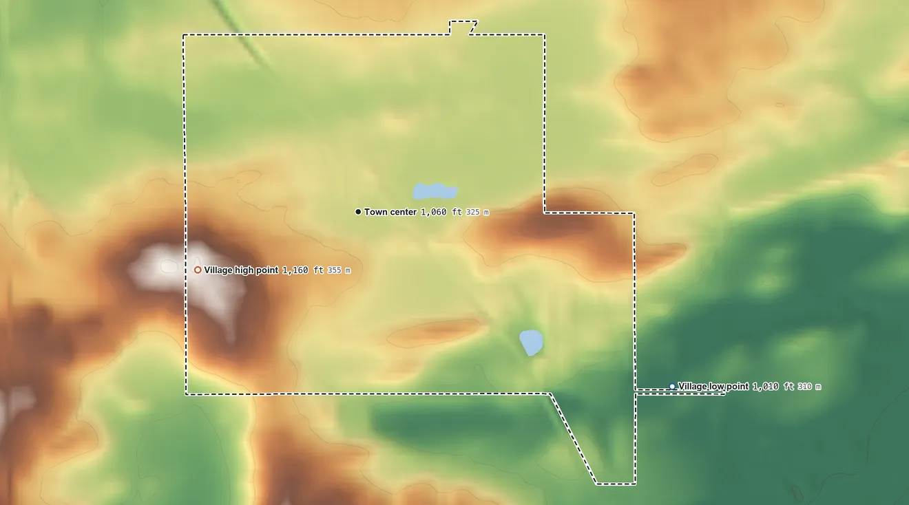 Topographic elevation map of Dane, Wisconsin, shaded from 1,010 ft on the southeast side to 1,160 ft on the west side