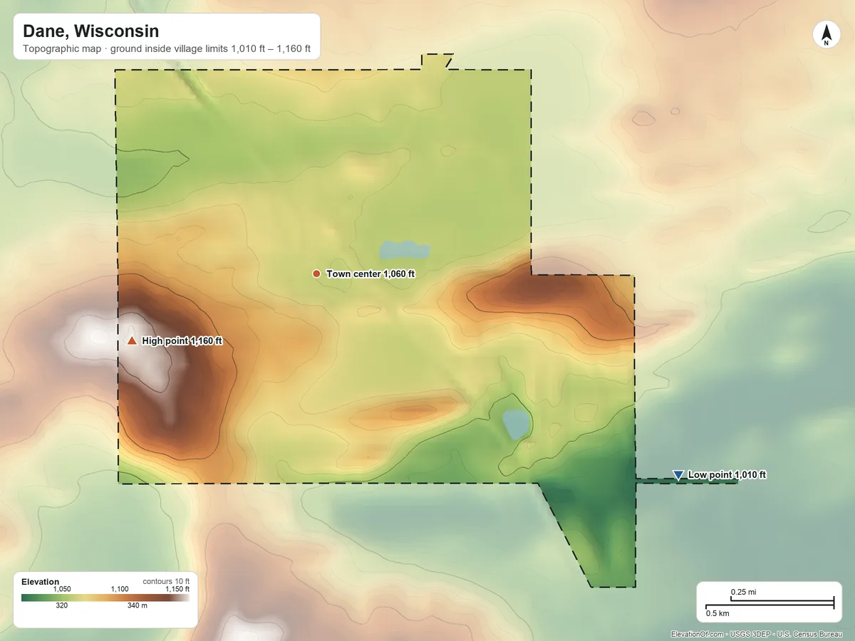 Topographic elevation map of Dane, Wisconsin, shaded from 1,010 ft on the southeast side to 1,160 ft on the west side