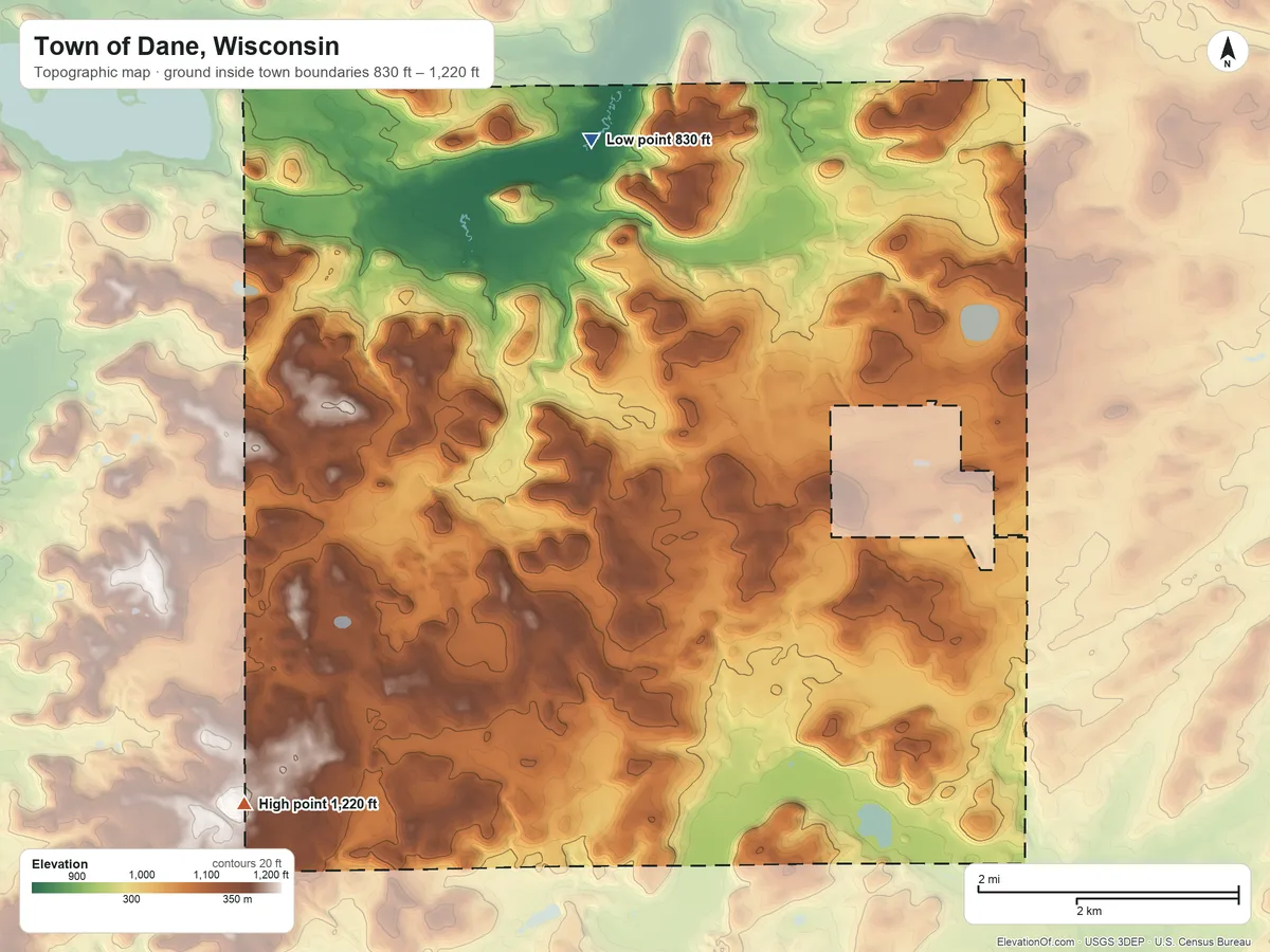 Topographic elevation map of Town of Dane, Wisconsin, shaded from 830 ft on the north side to 1,220 ft on the southwest side