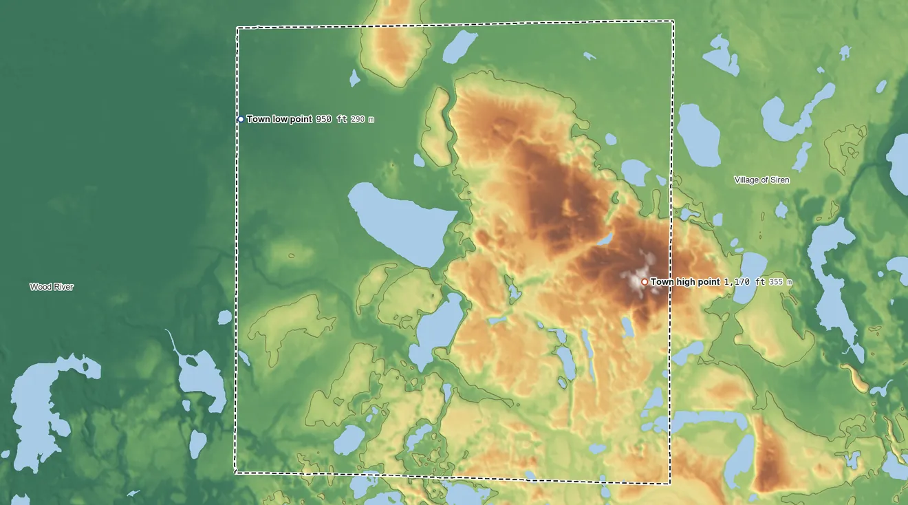 Topographic elevation map of Daniels, Wisconsin, shaded from 950 ft on the northwest side to 1,170 ft on the east side