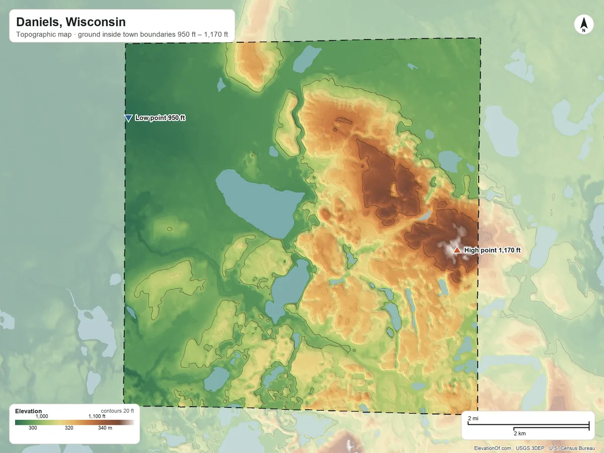 Topographic elevation map of Daniels, Wisconsin, shaded from 950 ft on the northwest side to 1,170 ft on the east side