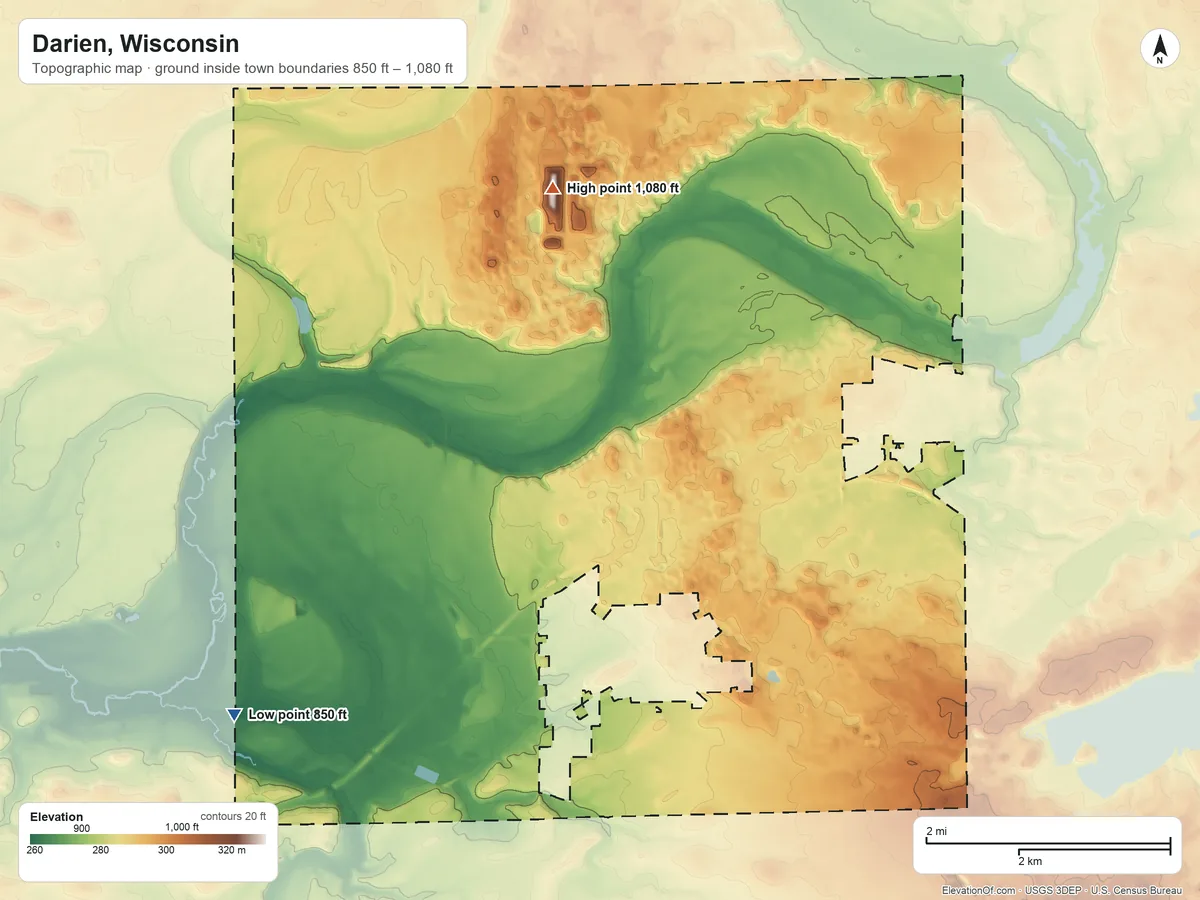 Topographic elevation map of Darien, Wisconsin, shaded from 850 ft on the southwest side to 1,080 ft on the northwest side