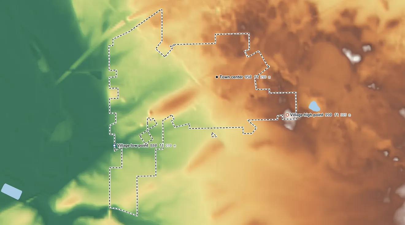 Topographic elevation map of Village of Darien, Wisconsin, shaded from 880 ft on the southwest side to 990 ft on the southeast side