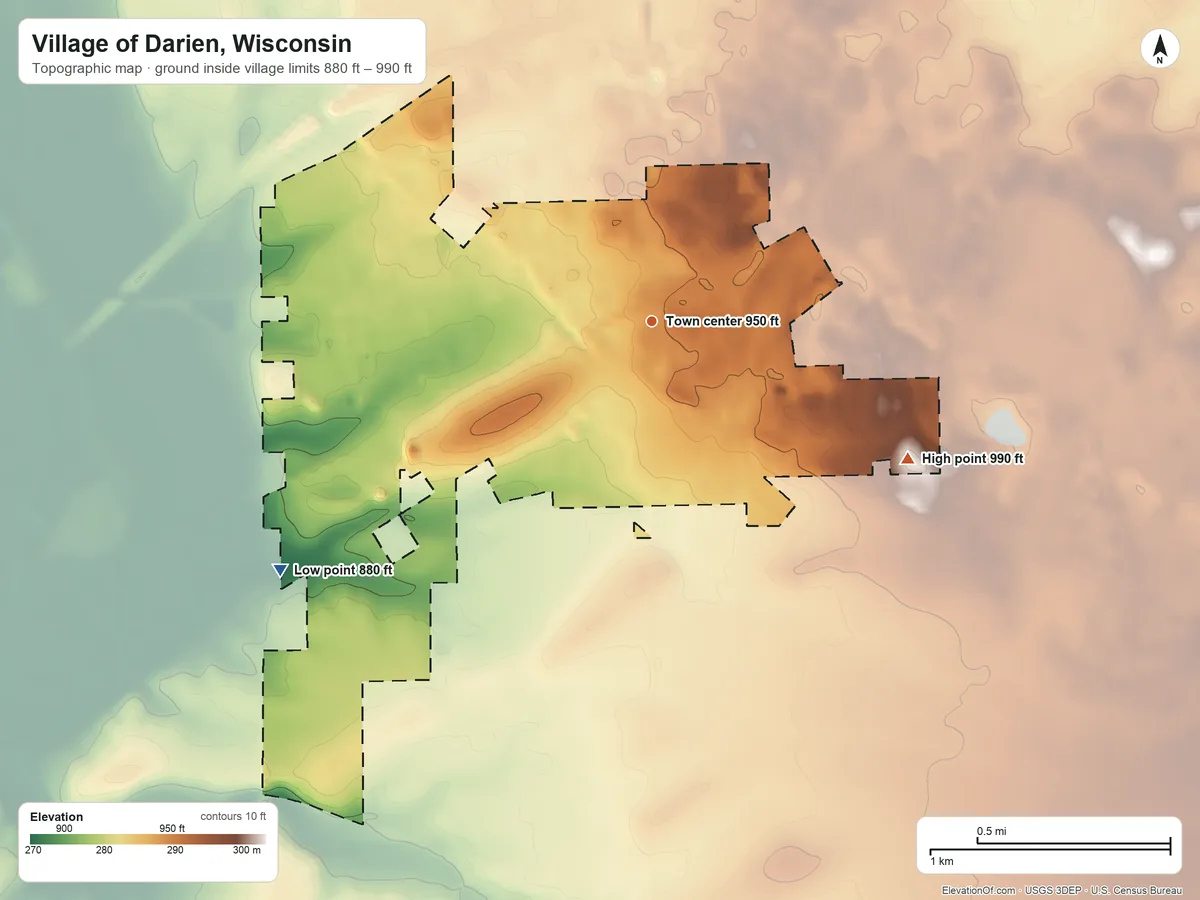 Topographic elevation map of Village of Darien, Wisconsin, shaded from 880 ft on the southwest side to 990 ft on the southeast side