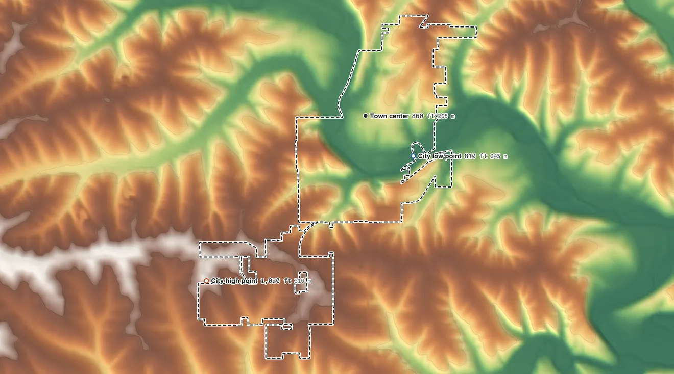 Topographic elevation map of Darlington, Wisconsin, shaded from 810 ft on the southeast side to 1,020 ft on the southwest side