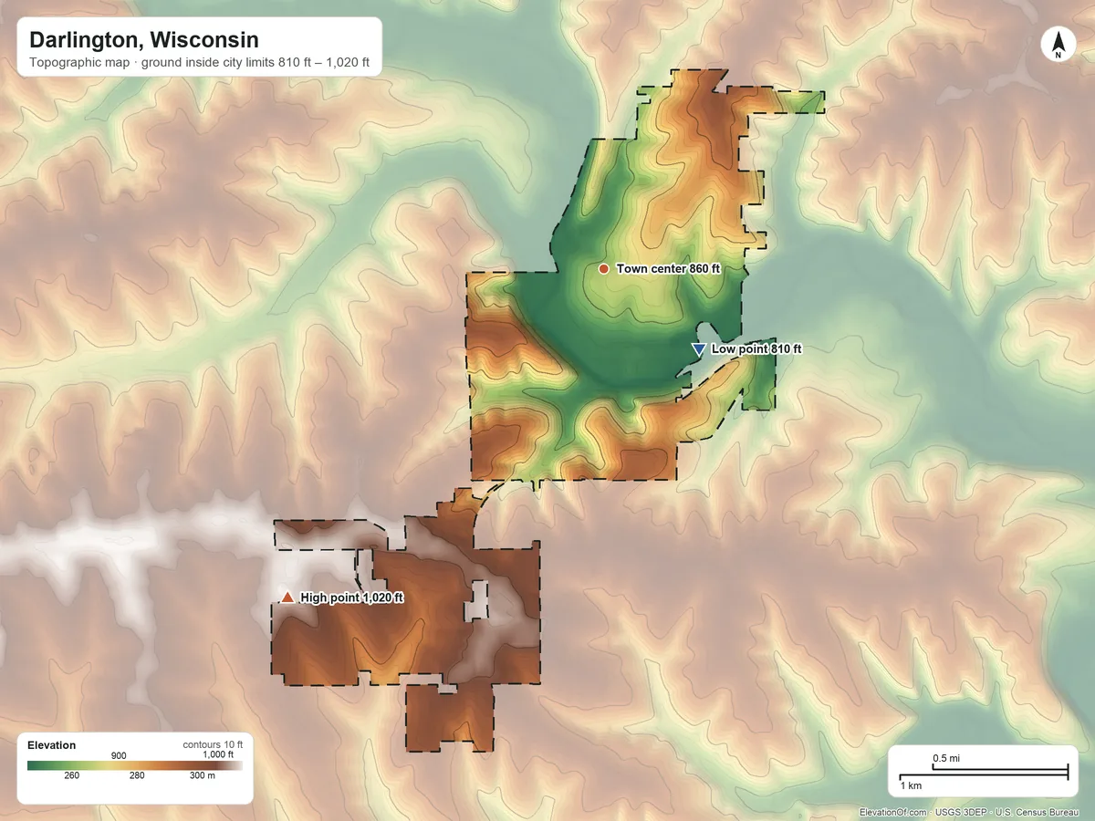 Topographic elevation map of Darlington, Wisconsin, shaded from 810 ft on the southeast side to 1,020 ft on the southwest side