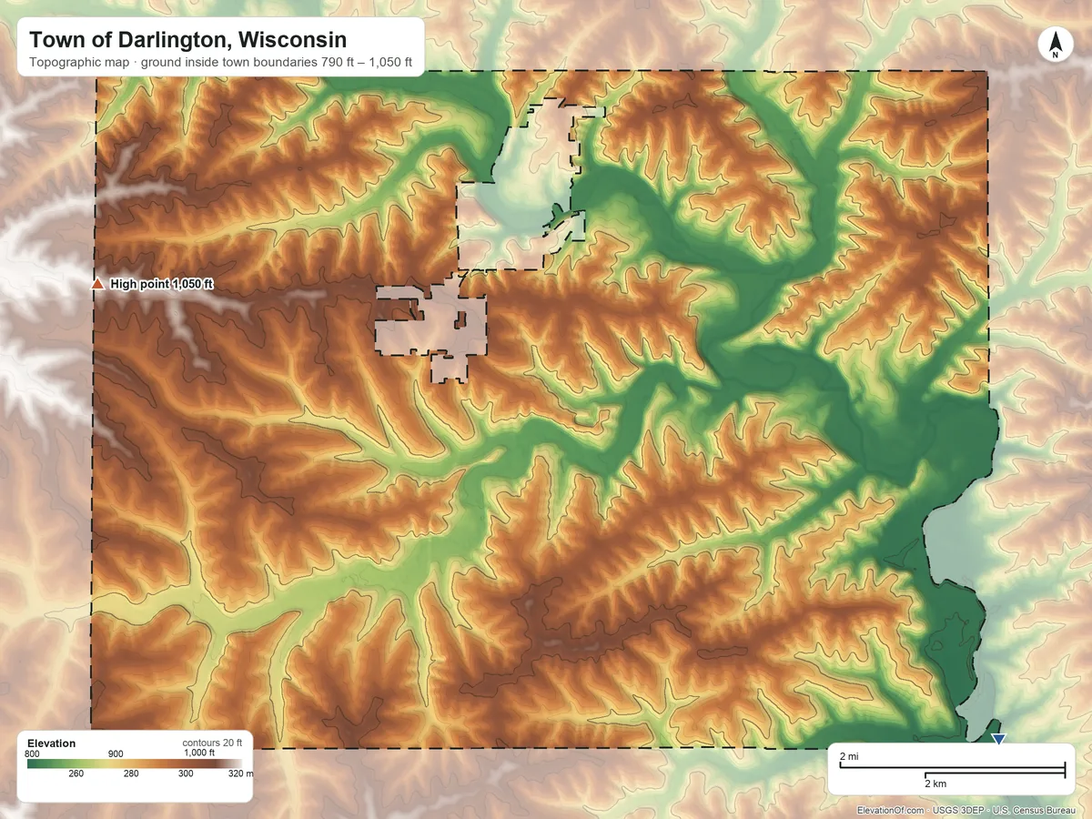 Topographic elevation map of Town of Darlington, Wisconsin, shaded from 790 ft on the southeast side to 1,050 ft on the west side