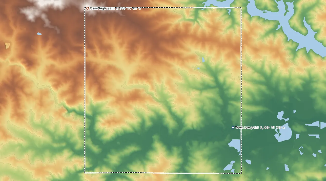 Topographic elevation map of Day, Wisconsin, shaded from 1,120 ft on the southeast side to 1,340 ft on the northwest side