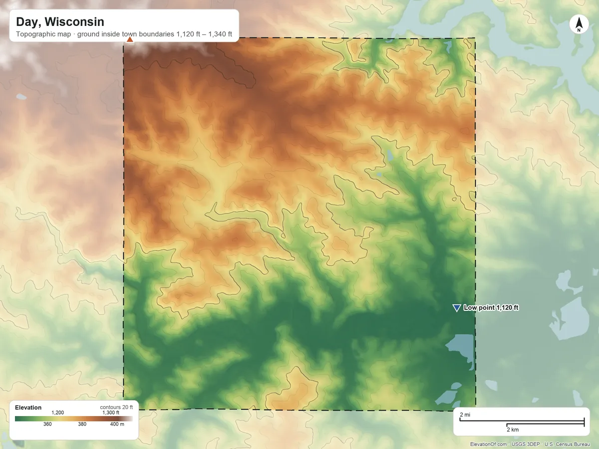 Topographic elevation map of Day, Wisconsin, shaded from 1,120 ft on the southeast side to 1,340 ft on the northwest side