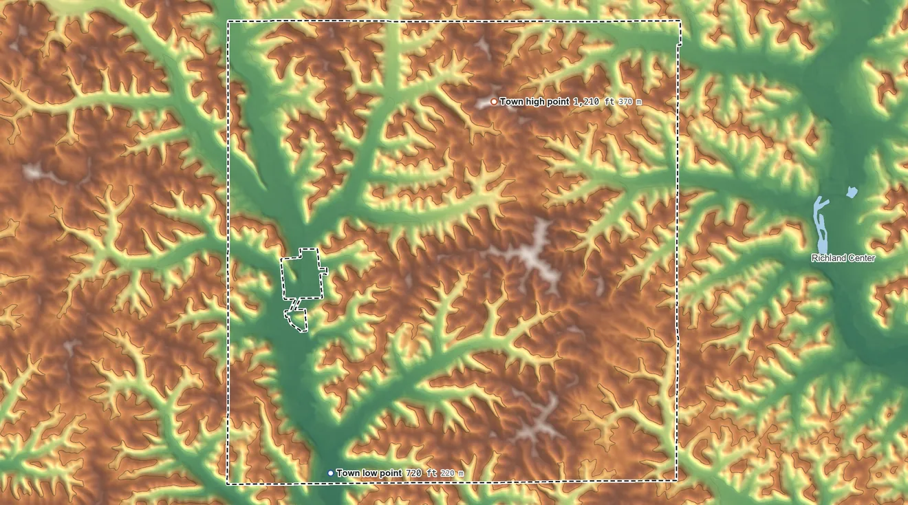 Topographic elevation map of Dayton, Richland County, Wisconsin, shaded from 720 ft on the southwest side to 1,210 ft on the north side