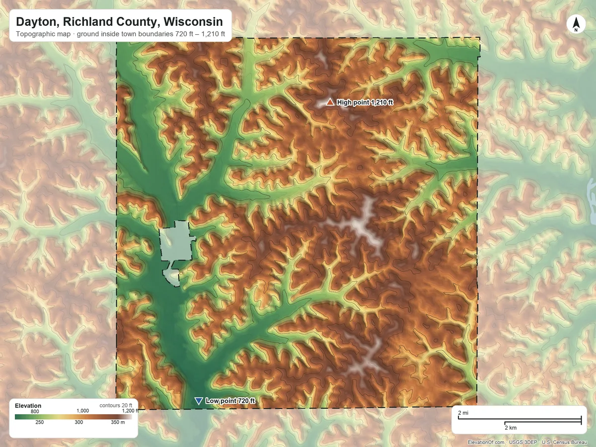 Topographic elevation map of Dayton, Richland County, Wisconsin, shaded from 720 ft on the southwest side to 1,210 ft on the north side