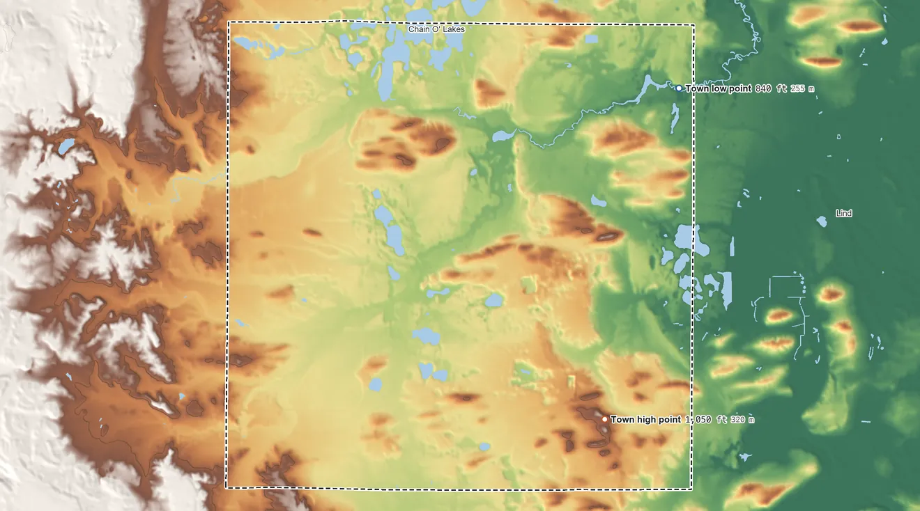Topographic elevation map of Dayton, Wisconsin, shaded from 840 ft on the northeast side to 1,050 ft on the south side