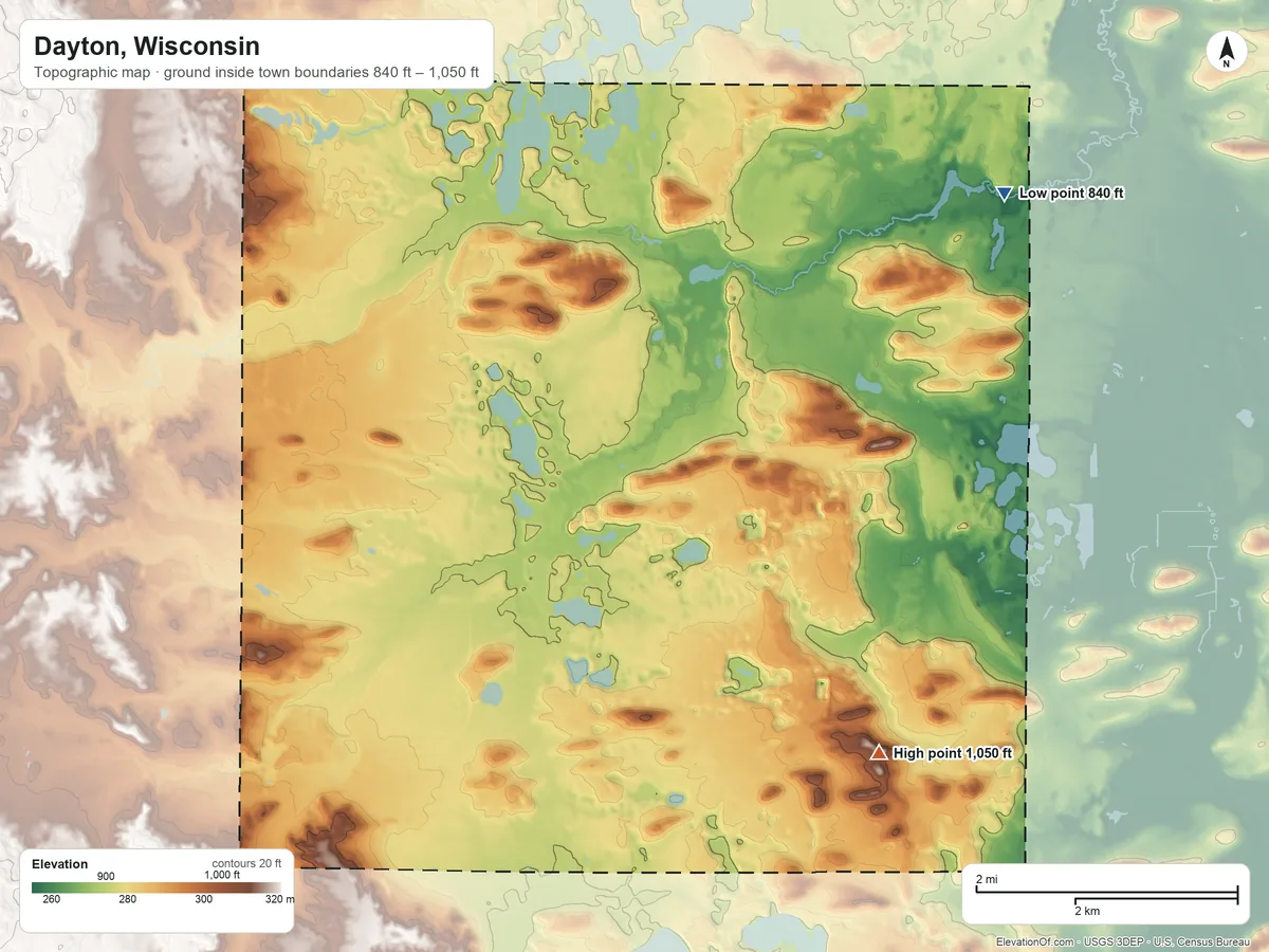 Topographic elevation map of Dayton, Wisconsin, shaded from 840 ft on the northeast side to 1,050 ft on the south side