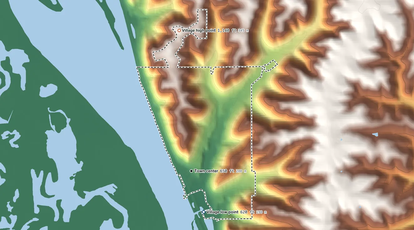 Topographic elevation map of De Soto, Wisconsin, shaded from 620 ft on the south side to 1,140 ft on the north side