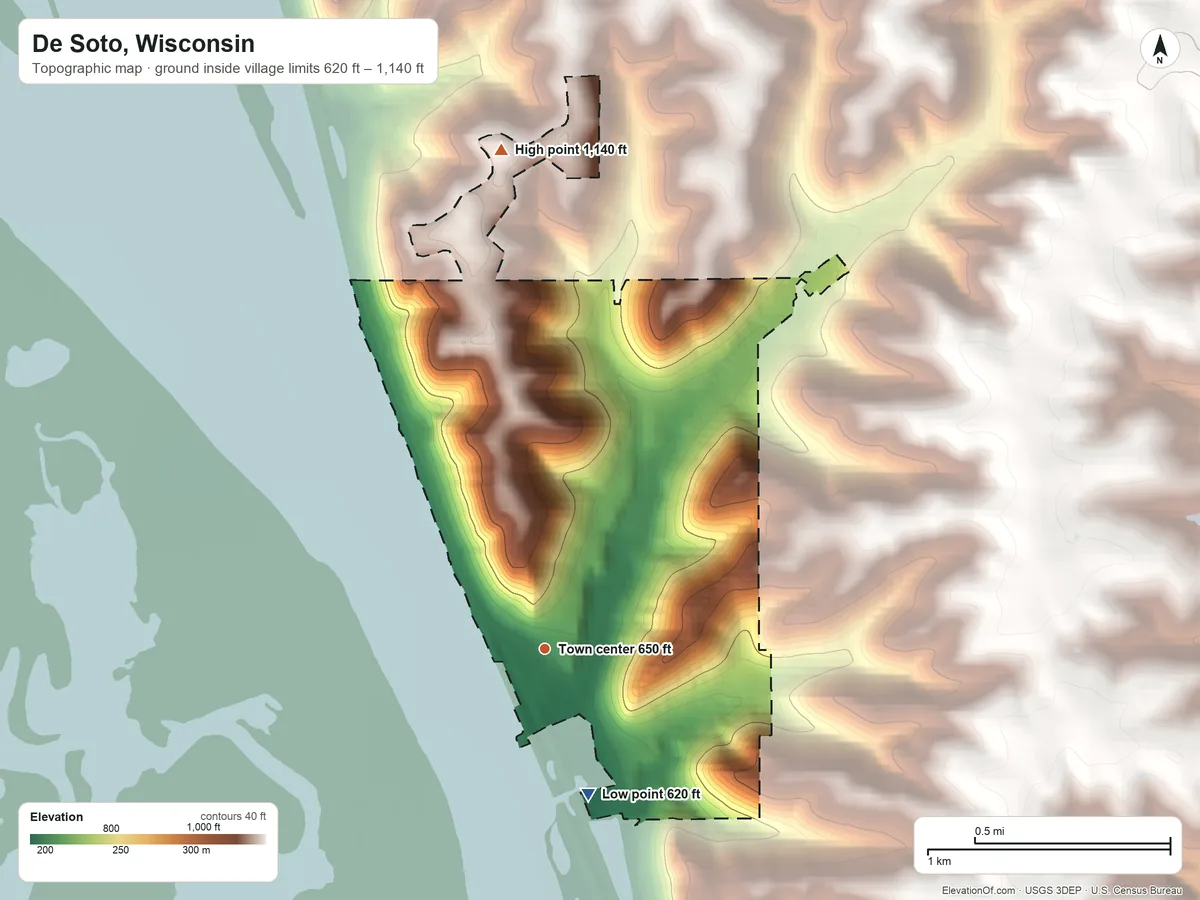 Topographic elevation map of De Soto, Wisconsin, shaded from 620 ft on the south side to 1,140 ft on the north side
