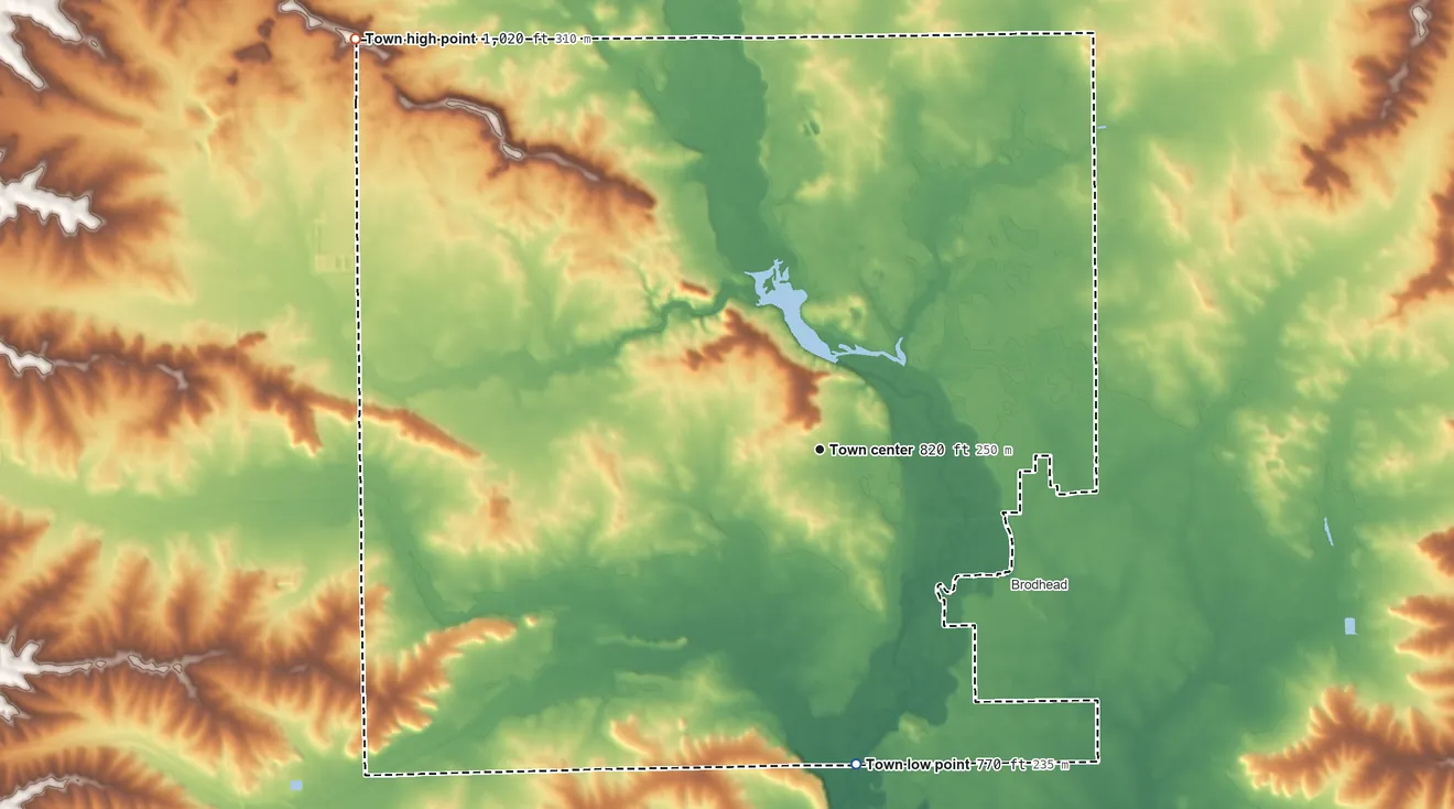 Topographic elevation map of Decatur, Wisconsin, shaded from 770 ft on the south side to 1,020 ft on the northwest side