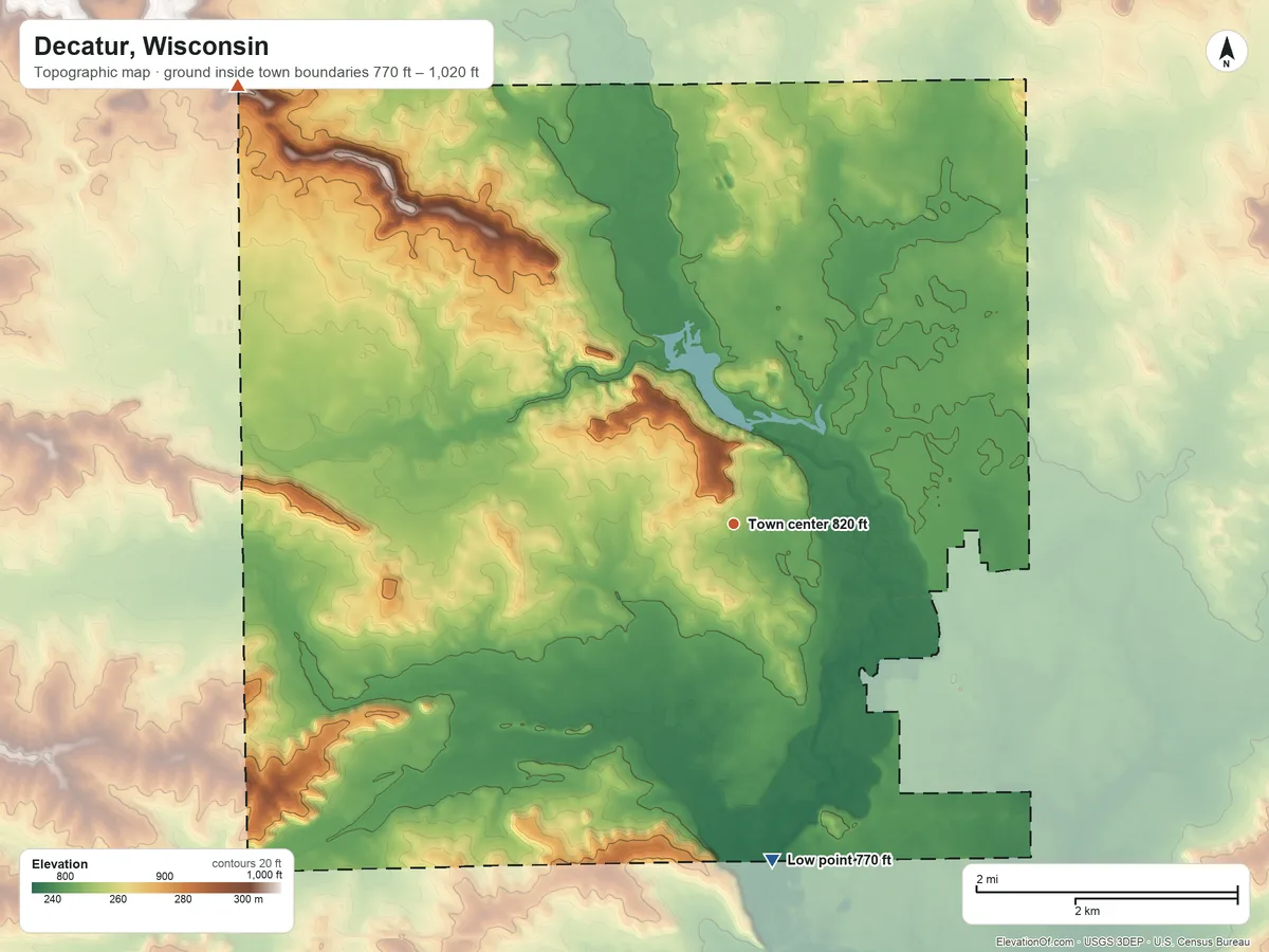 Topographic elevation map of Decatur, Wisconsin, shaded from 770 ft on the south side to 1,020 ft on the northwest side