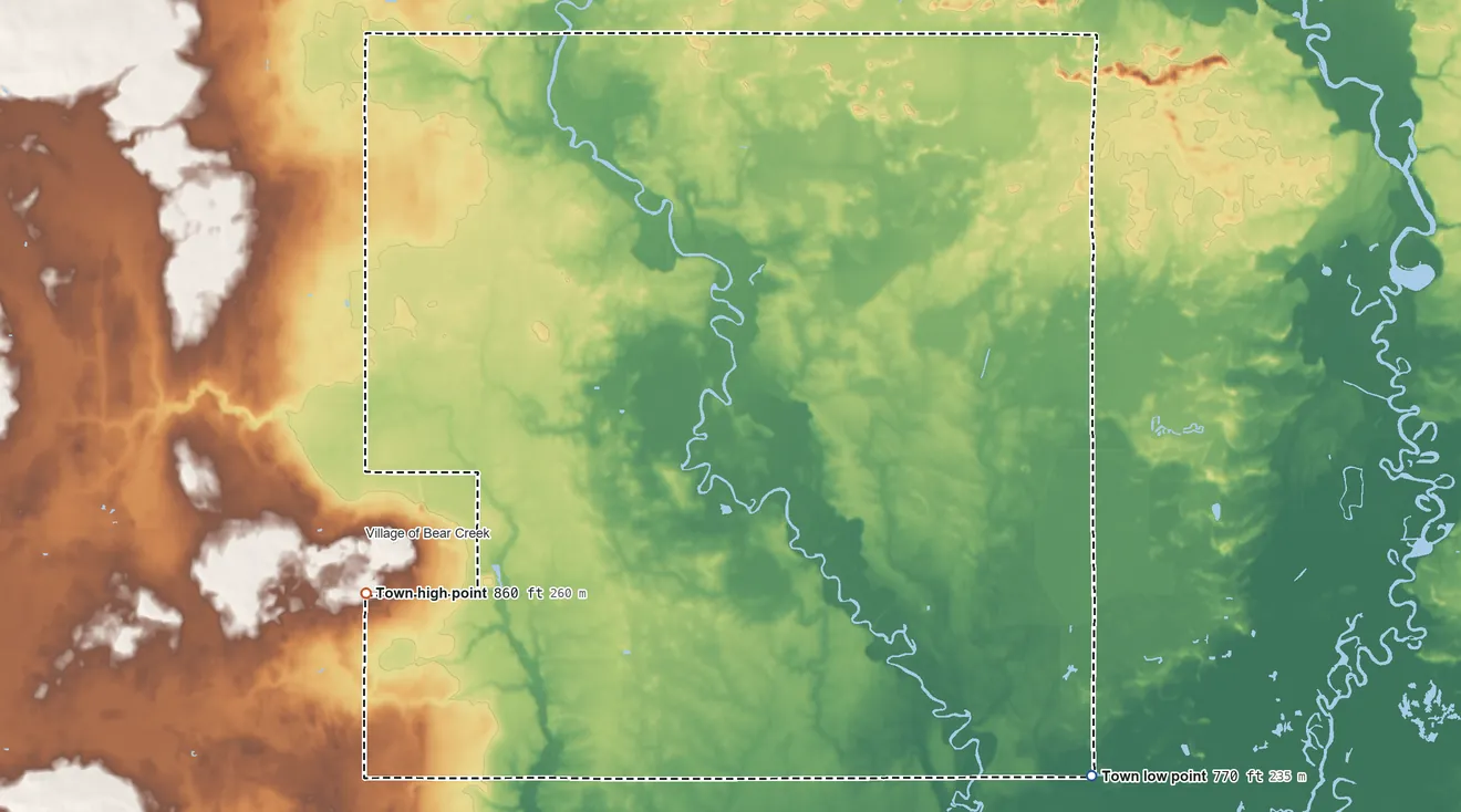 Topographic elevation map of Deer Creek, Outagamie County, Wisconsin, shaded from 770 ft on the southeast side to 860 ft on the southwest side