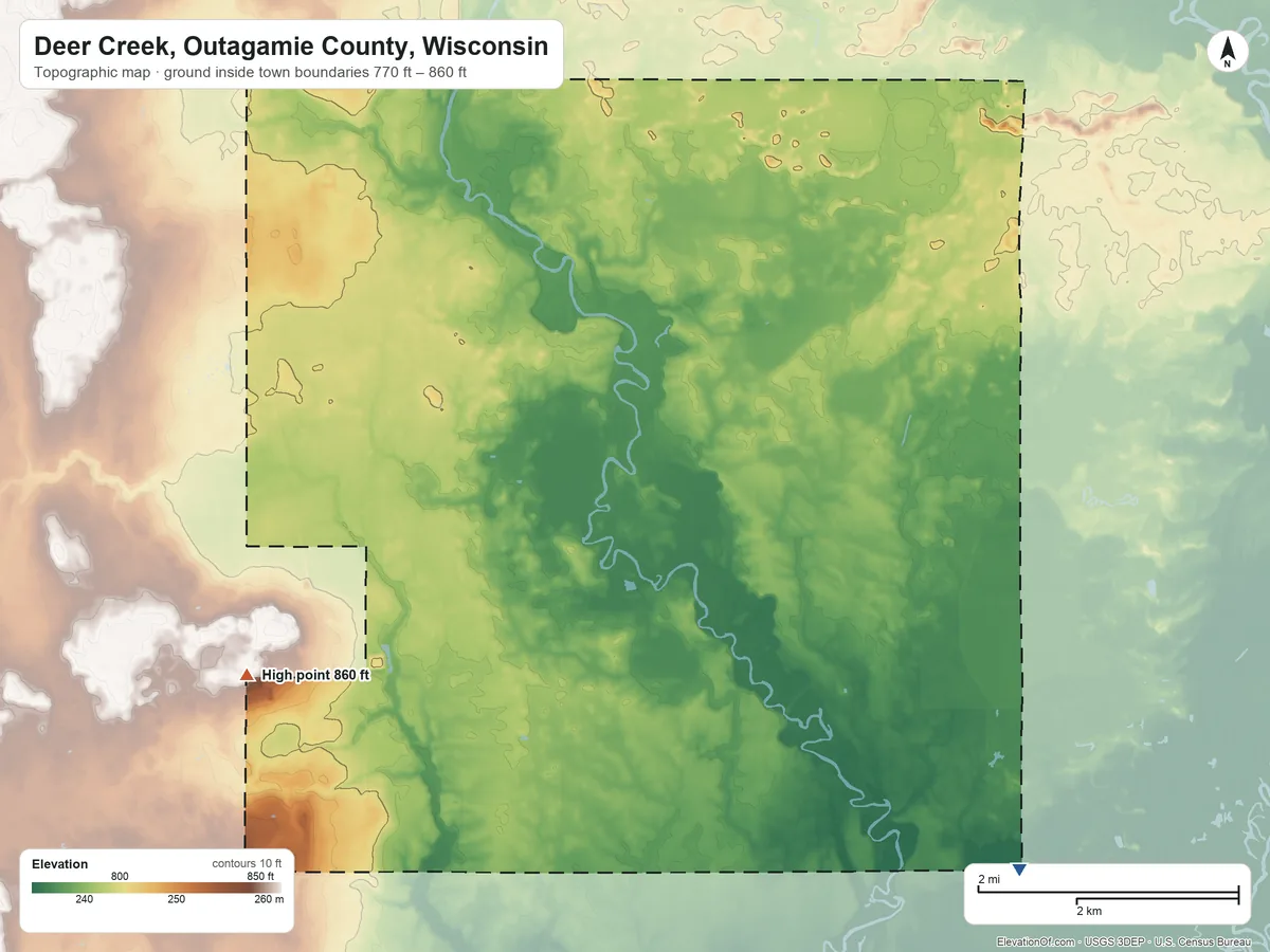 Topographic elevation map of Deer Creek, Outagamie County, Wisconsin, shaded from 770 ft on the southeast side to 860 ft on the southwest side