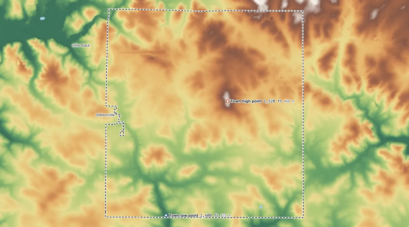 Topographic elevation map of Deer Creek, Wisconsin, shaded from 1,400 ft on the south side to 1,520 ft on the east side