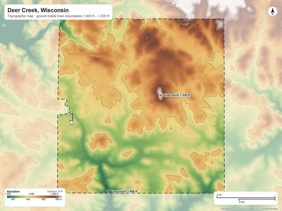 Topographic elevation map of Deer Creek, Wisconsin, shaded from 1,400 ft on the south side to 1,520 ft on the east side
