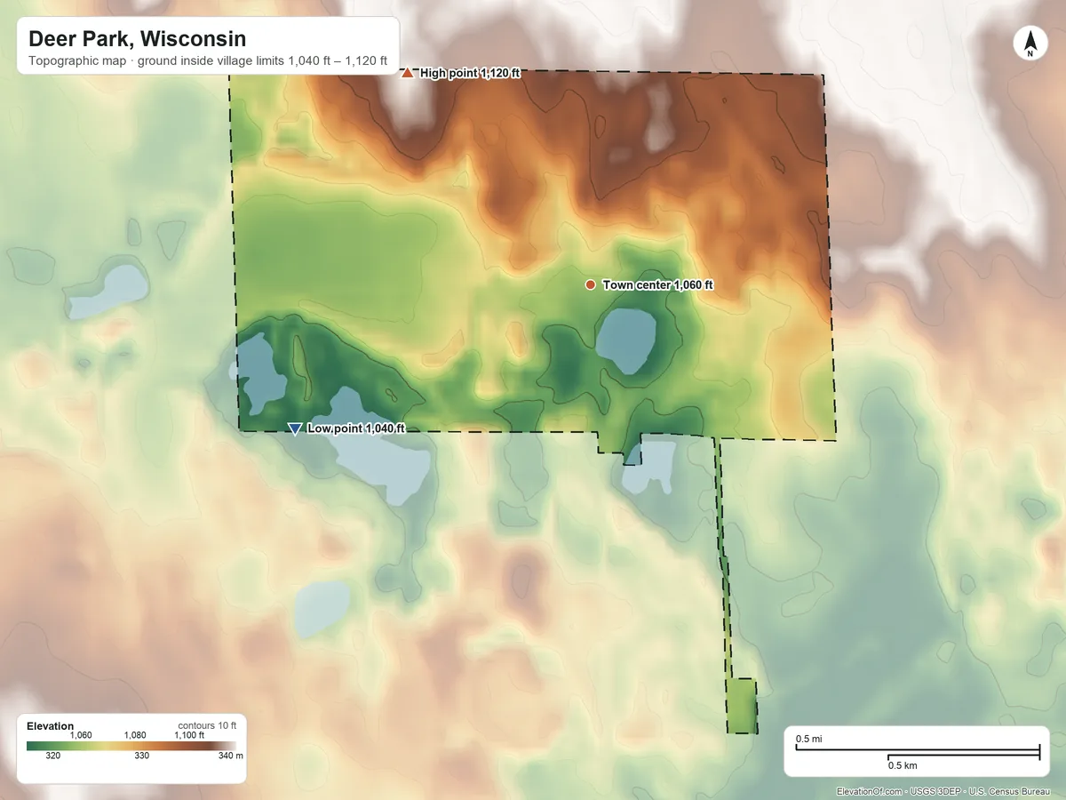 Topographic elevation map of Deer Park, Wisconsin, shaded from 1,040 ft on the southwest side to 1,120 ft on the northwest side
