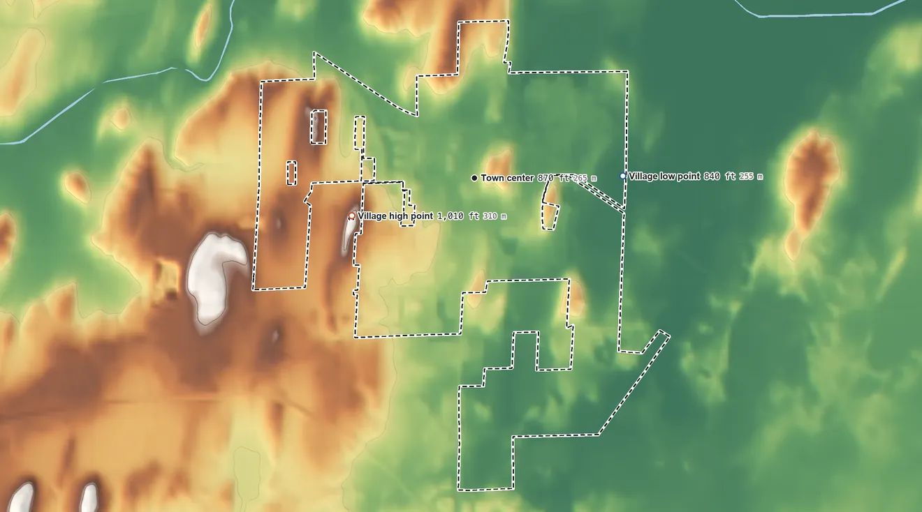 Topographic elevation map of Deerfield, Wisconsin, shaded from 840 ft on the east side to 1,010 ft on the west side