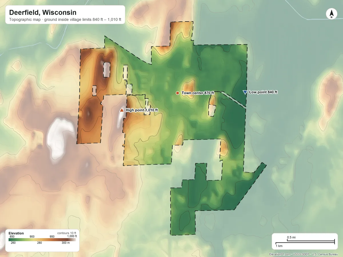 Topographic elevation map of Deerfield, Wisconsin, shaded from 840 ft on the east side to 1,010 ft on the west side