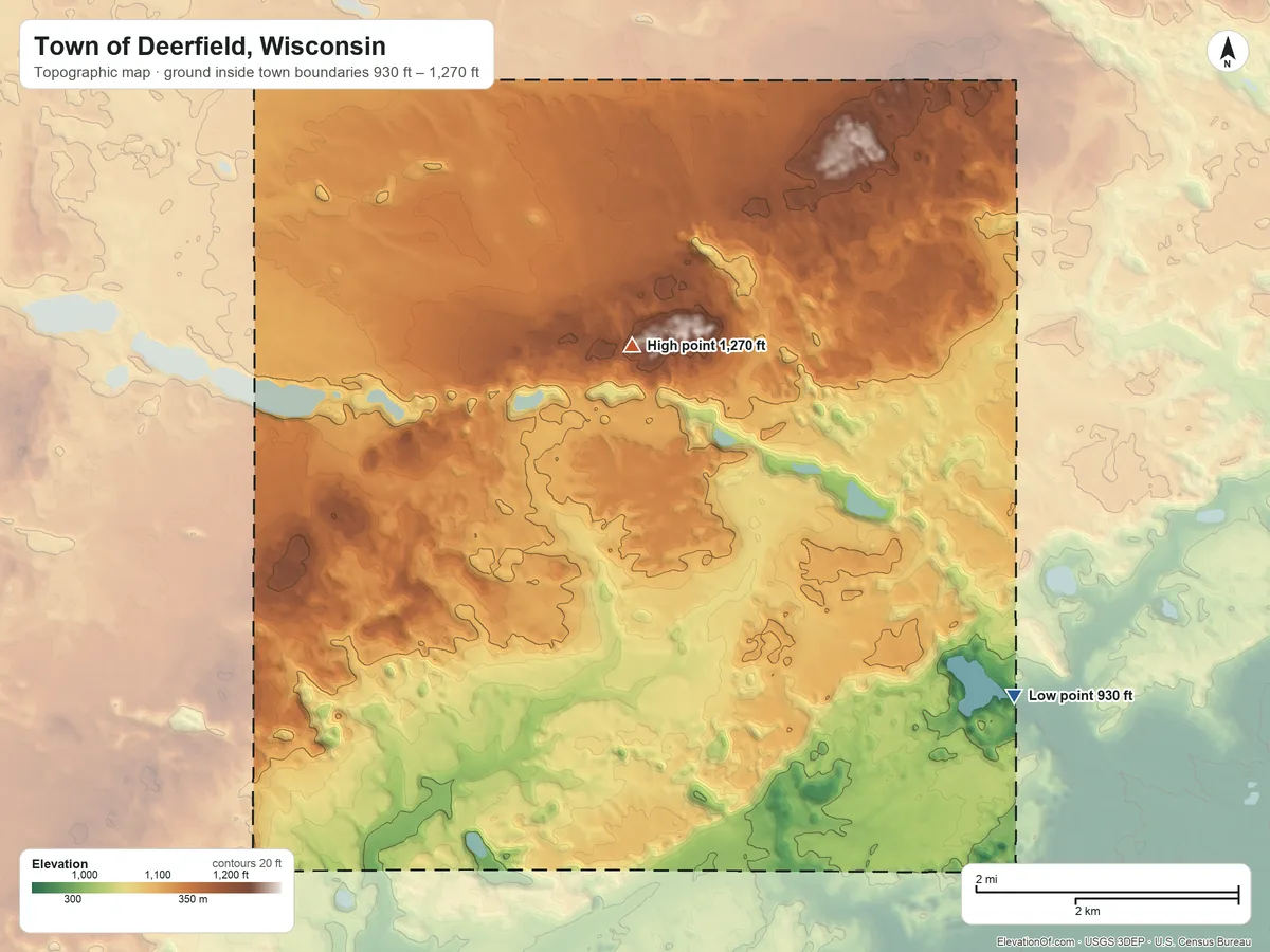 Topographic elevation map of Town of Deerfield, Wisconsin, shaded from 930 ft on the southeast side to 1,270 ft on the northwest side