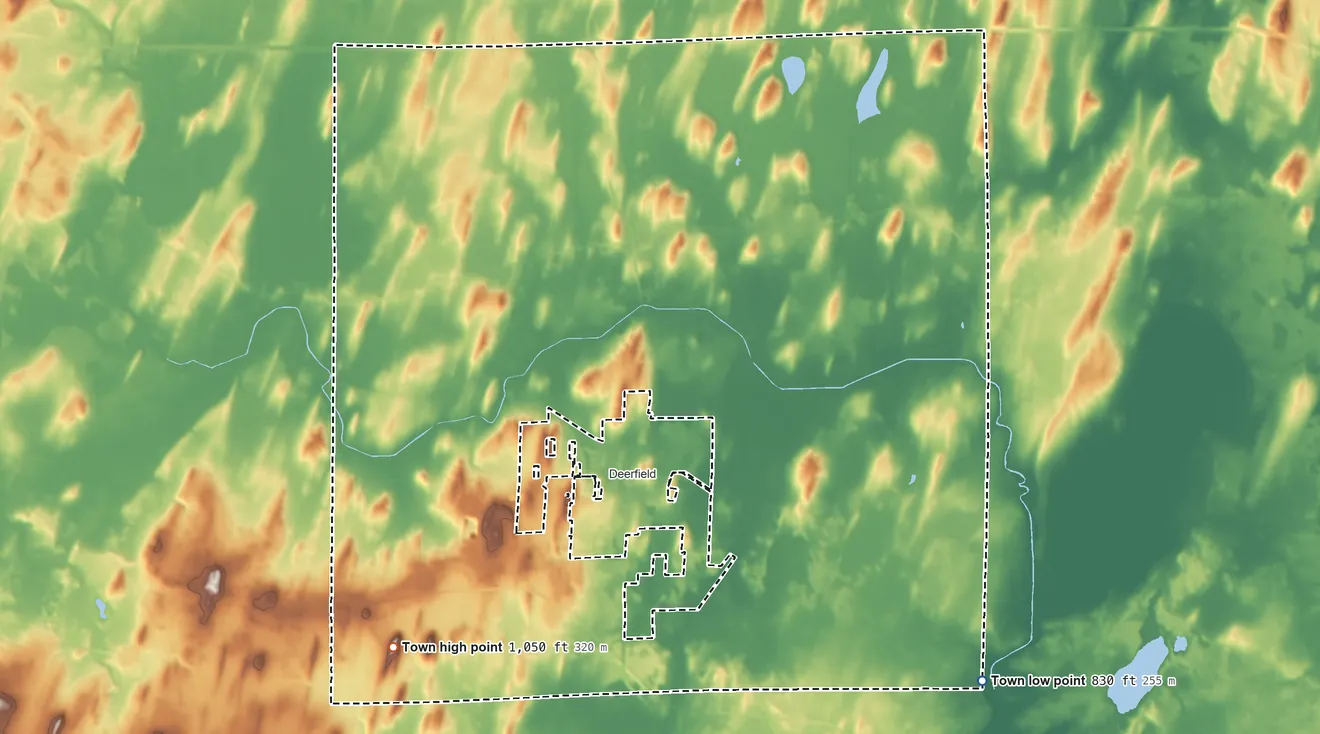 Topographic elevation map of Town of Deerfield, Wisconsin, shaded from 830 ft on the southeast side to 1,050 ft on the southwest side